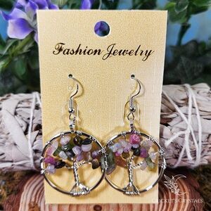 Watermelon Tourmaline Tree of Life Earrings #6
